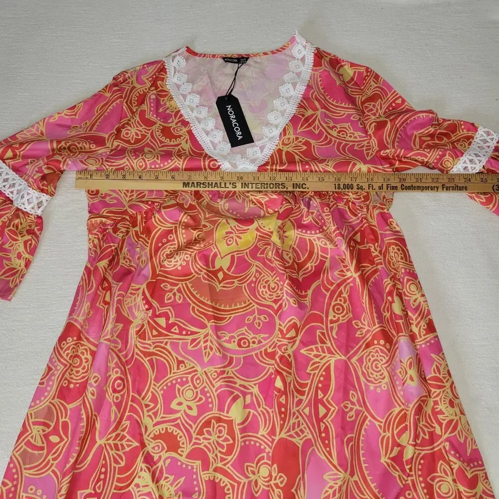 Noracora Dress Womans Small Lagenlook Flower Pink Lacey Cottagecore Boho Grandma